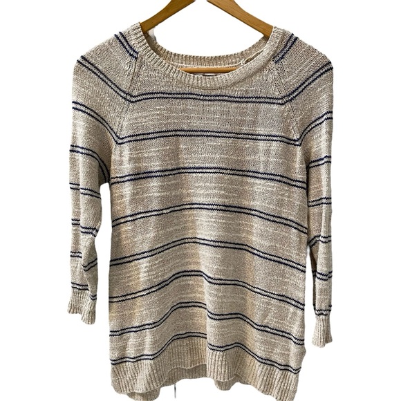 ❤️ Madewell Cabin Stripe Natural x Navy Linen and Silk Blend Sweater - Picture 2 of 8